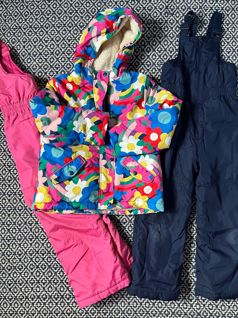 Mini Boden Girls' Rainbow Floral Hooded Sherpa Winter Jacket & 2x ski pants bib